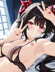 1girl areola_slip arms_up bed bed_sheet black_bra black_hair blush bow bra breasts chest_tattoo collarbone commentary cupless_bra curtains day double-parted_bangs english_commentary eyelashes fingernails flower_tattoo grin hair_bow hair_intakes hair_spread_out headboard highres honkai:_star_rail honkai_(series) indoors lace lace_bra large_breasts lewd_chan long_hair looking_at_viewer lying nail_polish no_shirt on_back on_bed pillow red_bow red_eyes red_nails smile solo sparkle_(honkai:_star_rail) steam steaming_body sweat tattoo twintails underwear upper_body variant_set window