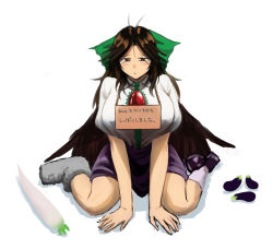1girl :/ antenna_hair arm_support asymmetrical_footwear asymmetrical_legwear bare_arms bird_wings black_wings blouse blush bow breasts brown_eyes brown_hair closed_mouth collared_shirt commentary_request daikon eggplant female_focus food furrowed_brow green_bow green_skirt hair_bow half-closed_eyes huge_breasts koyubi_(littlefinger1988) large_breasts long_hair looking_at_viewer looking_down mismatched_footwear mismatched_legwear pet_shaming puffy_short_sleeves puffy_sleeves radish red_eyes reiuji_utsuho sad shirt shoes short_sleeves sign sign_around_neck simple_background single_shoe sitting skirt skirt_set slit_pupils socks solo tearing_up third_eye touhou translated vegetable wariza white_background white_shirt wing_collar wings
