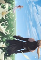 1boy 1girl aerith_gainsborough arms_behind_back black_cape black_gloves black_vest blonde_hair blue_sky braid braided_ponytail brown_hair cape cloud cloud_strife cloudy_sky dress elbow_gloves falling_petals field final_fantasy final_fantasy_vii final_fantasy_vii_advent_children final_fantasy_vii_rebirth final_fantasy_vii_remake flower flower_field gloves hair_ribbon hair_tie highres lily_(flower) long_dress long_hair looking_at_another parted_bangs petals pink_dress pink_ribbon ponytail ribbon single_braid sky vani_(hisha_04) vest waist_cape white_petals