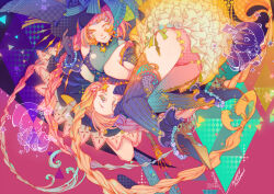 1girl akai_kamoshi ass braid character_request chibi ching_nu_yu_hun_2 commentary dated ghost halloween halloween_costume happy_halloween hat high_heels highres jack-o&#039;-lantern jewelry moon multiple_persona official_art one_eye_closed original panties psychedelic pumpkin star_(symbol) striped_leggings underwear witch wrist_gloves