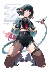 Rule 34 | 1girl, absurdres, animal ears, black gloves, black hair, black shorts, blunt bangs, boots, breasts, brown pantyhose, brown thighhighs, character name, closed mouth, dosei, fingerless gloves, fingernails, full body, fur-trimmed jacket, fur trim, gloves, green eyes, green hair, green jacket, grey boots, high-waist shorts, highres, jacket, jane doe (zenless zone zero), large breasts, long hair, looking at viewer, mouse ears, mouse girl, mouse tail, multicolored hair, nail polish, pantyhose, red hair, red nails, shorts, simple background, single leg pantyhose, smile, solo, tail, thighhighs, torn clothes, torn pantyhose, torn thighhighs, two-tone hair, white background, zenless zone zero