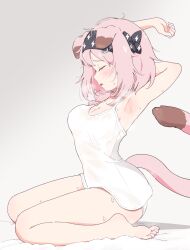 Rule 34 | 1girl, absurdres, animal ear fluff, animal ears, arknights, armpits, arms up, ass, bare shoulders, barefoot, black hairband, blush, braid, breasts, cat ears, cat girl, cat tail, cleavage, closed eyes, commentary request, feet, floppy ears, fuu hoshimi, goldenglow (arknights), hairband, highres, lightning bolt print, medium breasts, medium hair, off-shoulder shirt, off shoulder, open mouth, panties, pink hair, print hairband, shirt, side braid, sidelocks, sitting, sleeveless, sleeveless shirt, solo, stretching, sweat, tail, thighs, underwear, wariza, white panties, white shirt