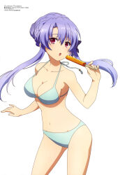 Rule 34 | 1girl, absurdres, anifar inc., bikini, braid, breasts, cleavage, highres, large breasts, long hair, looking at viewer, magazine scan, megami magazine, midriff, navel, official art, scan, simple background, sorakado ao, summer pockets, swimsuit, thighs, white background