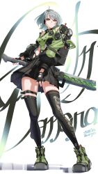 1girl absurdres anby_demara bag belted_skirt black_gloves black_pantyhose black_skirt braided_sidelocks crop_top fingerless_gloves gloves green_jacket green_shoes grey_hair headphones highres holding holding_sword holding_weapon jacket orange_eyes pantyhose pleated_skirt sato_inryo shoes short_hair skindentation skirt solo sword thighhighs weapon zenless_zone_zero zettai_ryouiki