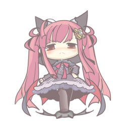 1girl alucard_lore bat_wings black_dress black_thighhighs blush chibi dress emil_chronicle_online familiar frustrated hair_ornament homurabi long_hair purple_hair red_eyes red_ribbon ribbon thighhighs twintails white_background wings
