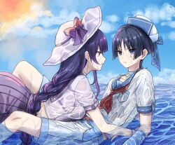 1boy 1girl alternate_costume anger_vein angry annoyed blue_eyes blue_hair blue_sky blurry blurry_background braid brother_and_sister chinese_commentary choker closed_mouth cloud cloudy_sky collarbone crop_top expressionless from_side genshin_impact girl_on_top hair_between_eyes hat highres huiyue1016 incest knees_up leaning leaning_forward long_braid looking_at_another lying lying_on_person mole mole_under_eye on_stomach outdoors pink_lips purple_eyes purple_hair purple_shirt purple_skirt raiden_shogun ripples sailor_collar scaramouche_(genshin_impact) see-through_clothes shade shirt short_hair short_sleeves shorts siblings single_braid skirt sky sun wanderer_(genshin_impact) water wet wet_clothes wet_hair wet_shirt