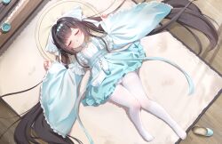 1girl absurdres aqua_dress azur_lane black_hair cameltoe chang_feng_(azur_lane) chinese_commentary closed_eyes commentary_request dress frilled_dress frills highres loli long_hair long_sleeves lying on_back open_mouth paid_reward_available panties pantyhose qian_hen shoes solo twintails underwear unworn_shoes very_long_hair white_pantyhose wide_sleeves