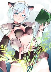 1girl animal_ears armor bikini bikini_top_only blue_background blue_eyes book breasts brown_bikini brown_skirt cat_ears commentary_request cowboy_shot genetic_(ragnarok_online) highres holding holding_book looking_at_viewer maid_headdress medium_breasts miniskirt navel open_mouth pauldrons ragnarok_online ragnarok_origin shimako_(user_jsaa7243) short_hair shoulder_armor skirt solo swimsuit white_hair