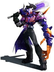 1boy armor chainsaw desire_driver full_body gauntlets helmet highres holding holding_chainsaw kamen_rider kamen_rider_buffa kamen_rider_geats_(series) male_focus penpenhuihui purple_armor purple_hair purple_helmet simple_background solo white_background zombie_buckle