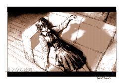 1girl copyright_name couch dress eri_(sayonara_eri) indoors kotteri looking_at_viewer lying monochrome neck_ribbon ribbon sayonara_eri sepia short_hair solo wooden_floor