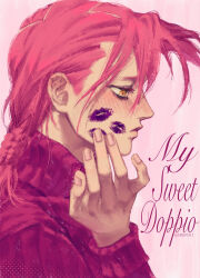 1boy artist_name blush braid brown_eyes cursive curtained_hair english_text firepok floating_hair freckles from_side hair_between_eyes halftone hand_on_own_cheek hand_on_own_face jojo_no_kimyou_na_bouken lipstick_mark long_hair looking_down male_focus pink_background pink_sweater pink_theme ribbed_sweater solo sweater turtleneck turtleneck_sweater upper_body vento_aureo vinegar_doppio