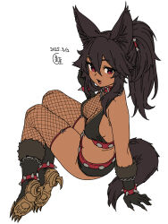 1girl animal_ears bare_shoulders black_hair black_shorts boots breasts cerberus_(houtengeki) cleavage collar dark-skinned_female dark_skin fishnet_thighhighs fishnet_top fishnets flat_color from_above hair_between_eyes highres houtengeki knee_boots legs_together long_hair looking_at_viewer medium_breasts micro_shorts navel open_mouth original ponytail red_collar red_eyes shorts simple_background sitting solo stomach tail thighhighs thighs white_background