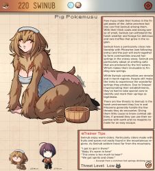 1boy 1girl artist_name black_hair breasts brown_background brown_fur brown_hair bucket character_name character_profile cleavage closed_eyes commentary creatures_(company) english_commentary english_text game_freak gen_2_pokemon hair_between_eyes highres kinkymation large_breasts long_hair monster_girl naked_towel nintendo personification plump poke_ball poke_ball_(basic) pokemon short_tail swinub tail towel towel_on_head wooden_bucket