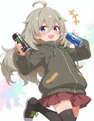 1girl ahoge black_thighhighs blush coat dot_nose drinking_straw female_focus genericibuki555 hair_between_eyes hair_ornament hairclip hibi_wa_sugiredo_meshi_umashi higa_tsutsuji highres holding long_hair looking_at_viewer monster_energy open_mouth purple_eyes shoes skirt solo standing standing_on_one_leg thighhighs