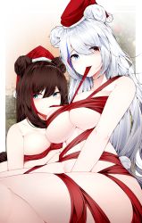 2girls absurdres animal_ears arknights bear bear_ears bear_tail blue_eyes breasts brown_hair christmas cleavage collarbone hair_between_eyes hat heterochromia highres large_breasts long_hair looking_at_viewer looking_away mouth_hold multicolored_hair multiple_girls naked_ribbon polar_bear red_eyes ribbon rosa_(arknights) samip santa_hat skindentation streaked_hair tail underboob white_hair yuri zima_(arknights)