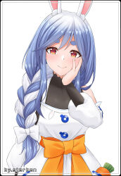 1girl absurdres animal_ears black_bodysuit blue_hair bodysuit braid braided_ponytail closed_mouth dress hair_over_shoulder hand_on_own_face highres hololive long_hair mature_female multicolored_hair orange_eyes pekomama rabbit_ears rabbit_girl smile solo sterben_(sterben_dead) two-tone_hair very_long_hair virtual_youtuber white_background white_dress white_hair