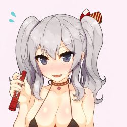 Rule 34 | 1girl, :d, asakura meito, bare arms, bare shoulders, bikini, black bikini, blue eyes, blush, breasts, cleavage, collarbone, fang, female focus, flying sweatdrops, heart-shaped lock, heart lock (kantai collection), holding, kantai collection, kashima (kancolle), large breasts, lock, long hair, looking at viewer, marker, nail polish, no headwear, nose blush, open mouth, padlock, pink background, pink nails, sidelocks, silver hair, simple background, smile, solo, sweatdrop, swimsuit, tsurime, upper body, v-shaped eyebrows, wavy hair