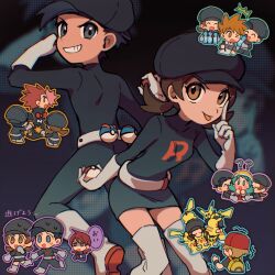 2girls 5boys ^^^ belt black_headwear black_jacket black_pants blue_oak boots brown_eyes brown_hair chibi chibi_inset commentary_request ethan_(pokemon) gloves great_ball grin hand_up hat holding holding_poke_ball huan_li index_finger_raised jacket kris_(pokemon) lance_(pokemon) logo long_hair lyra_(pokemon) multiple_boys multiple_girls nintendo pants poke_ball poke_ball_(basic) pokemon pokemon_gsc pokemon_hgss red_(pokemon) silver_(pokemon) smile team_rocket team_rocket_uniform teeth thigh_boots tongue tongue_out twintails