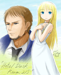 1boy 1girl blonde_hair blue_eyes blush brown_hair choker cing dress evans formal_clothes grey_eyes highres hotel_dusk kyle_hyde long_hair mila_evans short_hair suit