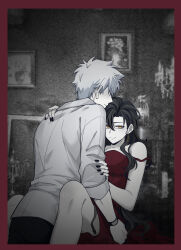 1boy 1girl absurdres alternate_costume bare_shoulders black_hair black_nails black_pants blush border breasts cheng_xiaoshi cleavage closed_mouth collared_shirt couple dress dsarl995595 earrings faceless faceless_male genderswap genderswap_(mtf) hand_on_another&#039;s_arm hand_on_another&#039;s_hip hand_on_another&#039;s_shoulder hetero highres implied_sex jewelry large_breasts limited_palette long_hair long_sleeves looking_at_viewer lu_guang nail_polish outside_border pants photo_background picture_frame red_border red_dress shiguang_dailiren shirt short_hair sitting smile spread_legs strap_slip watch white_hair white_shirt wristwatch yellow_eyes