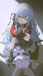 Rule 34 | 1girl, absurdres, bang dream!, bang dream! it&#039;s mygo!!!!!, black bow, black gloves, blue hair, bow, braid, closed mouth, coria, dress, finger to mouth, gloves, hair bow, highres, long hair, looking at viewer, pantyhose, polka dot gloves, short sleeves, sitting, smile, solo, togawa sakiko, v