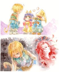 1girl 3boys annoyed bare_shoulders blonde_hair blue_coat blue_hair blue_pants bodysuit boots bow brown_footwear coat cropped_vest eiko_carol final_fantasy final_fantasy_ix furrowed_brow green_eyes green_pants green_vest grey_footwear hair_between_eyes hair_bow hands_on_own_hips hat highres horns leaning_forward low_ponytail monkey_tail multiple_boys overalls painting_(medium) pants parted_bangs pink_bodysuit ponytail puffy_pants red_eyes red_hair red_sweater short_hair single_horn striped_clothes striped_pants sweater tail traditional_media trance_kuja twitter_username vest vivi_ornitier watercolor_(medium) wizard_hat wrist_cuffs yellow_bow yellow_eyes yellow_overalls yui_norimaki zidane_tribal