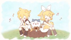 1boy 1girl 1other animal_ear_fluff animal_ears black_sailor_collar black_shorts blonde_hair blue_sky blush bow bow_hairband cat cat_ears cat_tail chiikawa closed_eyes day dog_ears dog_tail dress eob eyelashes full_body guitar hachiware_(chiikawa) hair_ornament hairband hairpin hand_on_own_knee happy head_rest highres holding holding_guitar holding_instrument instrument kagamine_len kagamine_rin medium_hair music musical_note neckerchief necktie open_mouth outdoors playing_guitar playing_instrument sailor_collar shoes shorts singing sitting sky socks spoken_musical_note tail vocaloid white_bow white_dress white_hairband white_shoes yellow_neckerchief yellow_necktie