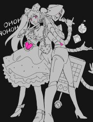 1boy 1girl :d androgynous android back-to-back black_background bomb boots bow chain chinese_commentary commentary_request crossover double-parted_bangs dress dual_wielding explosive flat_color frilled_sleeves frilled_wrist_cuffs frills from_below full_body gloves greyscale hair_between_eyes hair_bow hair_over_one_eye hand_up high_heel_boots high_heels highres holding holding_flail holding_microphone knee_boots laughing legs_apart long_dress long_hair looking_at_viewer mechanical_arms mettaton mettaton_(box) mettaton_ex microphone monochrome non-humanoid_robot omori one_eye_covered open_mouth petticoat pink_eyes pinky_out polka_dot polka_dot_bow puffy_short_sleeves puffy_sleeves robot shoes short_hair short_sleeves simple_background skellen15 smile spot_color standing sweetheart_(omori) teeth tongue twintails undertale upper_teeth_only v-shaped_eyebrows very_long_hair wrist_cuffs