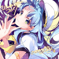 1girl 2017 aqua_nails bandaid bandaid_on_arm blue_hair green_eyes hands_up hat illustration.media long_hair looking_at_viewer nail_polish neckerchief original parted_lips shirt short_sleeves solo star_(symbol) u35 upper_body white_hat white_shirt yellow_neckerchief
