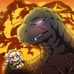 1girl airani_iofifteen alternate_costume blush chibi commentary english_commentary explosion explosion_background godzilla godzilla_(series) gradient_hair green_shirt hair_bun heart hololive hololive_indonesia imadoki long_hair long_sidelocks multicolored_hair pink_hair purple_eyes purple_hair shirt side_ponytail side_up_bun sidelocks swept_bangs virtual_youtuber