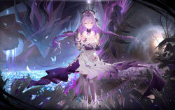 1girl absurdres asymmetrical_gloves bare_shoulders black_tiara blue_butterfly breasts bug butterfly castorice_(honkai:_star_rail) closed_mouth commentary dragon dress elbow_gloves flower gloves hair_flower hair_ornament highres honkai:_star_rail honkai_(series) insect jenmin12 large_breasts long_hair netherwing_(honkai:_star_rail) own_hands_together pink_flower pointy_ears purple_eyes purple_gloves purple_hair sidelocks single_elbow_glove solo split_theme standing tiara uneven_gloves very_long_hair white_dress