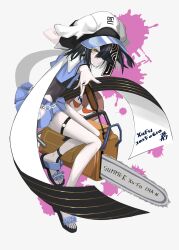 1girl absurdres bare_arms bare_legs black_hair black_nails blue_skirt breasts brown_eyes chainsaw closed_mouth comiket_106 crop_top expressionless fate/grand_order fate_(series) flick floating_hair forehead_flick full_body hair_over_one_eye hat highleg highleg_one-piece_swimsuit highres holding holding_chainsaw looking_at_viewer mole mole_under_eye nail_polish o-ring o-ring_thigh_strap one-piece_swimsuit outstretched_arm outstretched_hand pleated_skirt reaching reaching_towards_viewer sandals shirt short_hair simple_background skirt sleeveless sleeveless_shirt small_breasts solo spread_fingers standing swimsuit thigh_strap thighs tsukaasa white_background white_hat xu_fu_(fate) xu_fu_(swimsuit_avenger)_(first_ascension)_(fate)