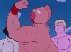 3boys animated animated_gif black_headwear blonde_hair brocken_jr. cloud colored_skin facial_hair facial_mark forehead_mark goatee hat kinniku_suguru kinnikuman kinnikuman_(character) looking_at_another mohawk multiple_boys muscular outdoors peaked_cap pink_skin sky tagme terryman thick_lips upper_body