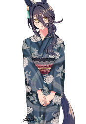 Rule 34 | 1girl, ahoge, animal ears, artist name, b9pqpy, black hair, black sash, blue kimono, crossed bangs, ear tag, earrings, furrowed brow, grey hair, hair between eyes, hair over shoulder, highres, horse ears, horse girl, horse tail, japanese clothes, jewelry, kimono, long bangs, long hair, long hair between eyes, manhattan cafe (umamusume), multicolored hair, obi, own hands together, parted lips, sash, signature, simple background, single earring, solo, tail, umamusume, variant set, white background, yellow eyes, yukata