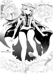 ! 1girl absurdres alcohol beer beer_mug blush bottle cartethyia_(wuthering_waves) chibi closed_eyes crown_of_thorns cup dress drinking earrings greyscale hair_between_eyes high_heels highres holding holding_cup jewelry long_hair looking_at_viewer monochrome mug multiple_views open_mouth parted_lips pointy_ears sweat tacet_mark_(wuthering_waves) thorns twitter_username very_long_hair whoosaku wuthering_waves