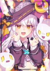 1girl :d absurdres black_sailor_collar bow candle claw_pose crescent gao ghost hat hat_bow highres kurobikari multicolored_nails navel open_mouth original pink_nails purple_nails sailor_collar smile solo sparkle tearing_up white_hair witch witch_hat yellow_bow yellow_eyes yellow_nails zipper_pull_tab