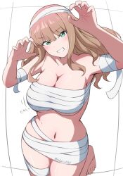 1girl bandage_on_hair bandage_on_led bandaged_arm bandaged_chest bandages blush breasts brown_hair claw_pose cleavage clenched_teeth green_eyes gridman_universe gridman_universe_(movie) highres large_breasts long_hair masakin minami_yume mummy naked_bandage navel smile solo standing teeth twitter_username white_background wrapped_up
