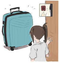2girls briefcase brown_hair door eudetenis highres multiple_girls ponytail reika_(pretzelfan) sayuri_(pretzelfan) second-party_source short_sleeves white_background