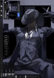 Rule 34 | 1boy, black coat, black gloves, black hat, black pants, black vest, buttons, cigarette, coat, collared shirt, fedora, forsaken (roblox), gloves, grin, hand up, hat, highres, holding, holding cigarette, kirbo, lapels, mafioso (forsaken), notched lapels, pants, roblox, shirt, sitting, smile, smoke, smoking, solo, vest, white shirt