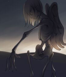1other androgynous angel angel_wings blonde_hair broiler expressionless highres original pointy_ears profile short_hair skeletal_body sketch sky solo star_(sky) starry_sky twilight wings yellow_eyes