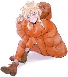 Rule 34 | 1girl, animification, baggy pants, blonde hair, blue eyes, blush, boots, brown boots, closed mouth, commentary request, down jacket, fingernails, full body, fur-trimmed hood, fur trim, genderswap, genderswap (mtf), hair between eyes, hands up, highres, hood, hooded jacket, jacket, kenny mccormick, korean commentary, long hair, long sleeves, orange jacket, orange pants, pants, puffy long sleeves, puffy sleeves, shadow, shoe soles, sidelocks, simple background, socks, solo, south park, sp toyoill, white background, white socks