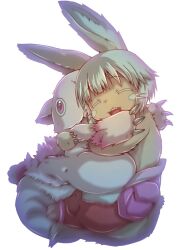 1other 2others :3 :d ^_^ androgynous animal_ears brown_fur claws closed_eyes creature cuddling facing_viewer fang fangs full_body furry grey_hair happy highres horizontal_pupils hug lying made_in_abyss mitty_(made_in_abyss) motion_blur multiple_others nanachi_(made_in_abyss) on_side open_mouth other_focus pants pouch puffy_pants short_hair simple_background smile tail teeth whiskers white_background white_hair ximu_shilang