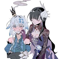 Rule 34 | 2girls, after cunnilingus, bare shoulders, black hair, blue dress, blue eyes, blue hair, breasts, cerydra (honkai: star rail), cleavage, closed eyes, closed mouth, commentary request, crossed arms, d0600059994959, dress, hair ornament, head steam, highres, honkai: star rail, honkai (series), hysilens (honkai: star rail), korean commentary, large breasts, long hair, multicolored hair, multiple girls, purple dress, pussy juice on face, scales, simple background, streaked hair, white background, yuri