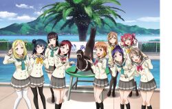 6+girls ahoge animal aqua_eyes aqua_neckerchief artbook beach black_hair blonde_hair blue_eyes blue_hair blunt_bangs bow bowtie braid brown_hair day grey_hair grey_skirt hair_bow hair_bun hair_ornament hairclip highres island kneehighs kunikida_hanamaru kurosawa_dia kurosawa_ruby long_hair long_sleeves looking_at_viewer love_live! love_live!_sunshine!! matsuura_kanan miniskirt mole mole_under_mouth multiple_girls neckerchief non-web_source ocean official_art ohara_mari open_mouth orange_hair outdoors palm_tree pantyhose pleated_skirt ponytail purple_eyes purple_hair red_bow red_eyes red_hair sakurauchi_riko school_uniform serafuku short_hair single_hair_bun skirt sky smile socks standing takami_chika thighhighs tree tsushima_yoshiko two_side_up uranohoshi_school_uniform v watanabe_you water winter_uniform yellow_bow yellow_eyes