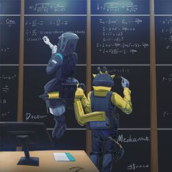 2others arknights black_coat black_pants black_vest blue_gloves chalk chalkboard character_name chinese_commentary coat commentary_request dated desk doctor_(arknights) equation from_behind gloves grey_gloves hand_on_another&#039;s_hip hand_on_own_chin highres holding holding_chalk hood hood_up hooded_coat indoors jacket long_sleeves math mechanist_(arknights) monitor multiple_others pants pouch robot sansei434831792 sitting standing tail thinking vest writing yellow_jacket