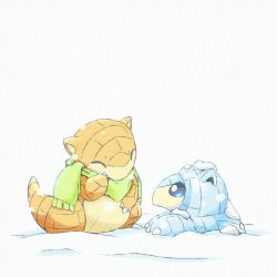alolan_form alolan_sandshrew animal_focus blue_eyes claws closed_mouth commentary_request gen_1_pokemon gen_7_pokemon green_scarf highres kinakomochi_(kazuna922) looking_at_another nintendo no_humans pokemon pokemon_(creature) sandshrew scarf snow
