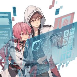 Rule 34 | 1girl, alternate universe, blush, bow, breasts, commissioner insert, couple, dress, emiya shirou, fate/stay night, fate (series), gaoyue jixiang, hair ornament, highres, hologram, holographic interface, holographic touchscreen, jacket, long hair, momomiya shizuku (gaoyue jixiang), neon lights, oc x canon, open clothes, open jacket, open mouth, orange hair, original, pastels, pink eyes, pink hair, print ribbon, red hair, ribbon, shirt, smile, twintails, white dress, white jacket
