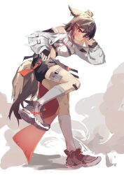 1girl absurdres animal_ears arknights bandaid bandaid_on_leg black_gloves black_shorts blush breasts brown_hair brown_tail commentary crop_top cropped_jacket cutter_(arknights) cutter_(wiping_knife)_(arknights) elbow_gloves embarrassed fingerless_gloves fox_ears fox_girl fox_tail from_side gloves grey_shoes grey_socks highres jacket kneehighs koda24 long_sidelocks long_sleeves looking_at_viewer medium_breasts medium_hair midriff pouch red_eyes shoes short_shorts shorts sidelocks single_bare_shoulder single_sidelock small_sweatdrop sneakers socks solo standing standing_on_one_leg swept_bangs tail thigh_pouch thigh_strap white_jacket