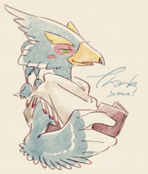 1boy beak bird_boy blue_fur blue_hair blush_stickers body_fur book capelet english_text furry furry_male green_eyes hair_tie half-closed_eyes hand_up happy holding holding_book looking_at_viewer male_focus medium_hair open_book open_mouth revali rito simple_background sketch smile solo thank_you the_legend_of_zelda the_legend_of_zelda:_breath_of_the_wild two-tone_fur ukata upper_body white_background white_capelet white_fur winged_arms wings
