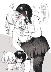 2girls absurdres blush bow bowtie braid breast_pocket closed_eyes collared_shirt commentary_request flying_sweatdrops greyscale hand_on_another&#039;s_waist heart highres kiss looking_at_another monochrome multiple_girls original pantyhose pleated_skirt pocket ponytail school_uniform shirt skirt speech_bubble thighhighs thought_bubble translation_request twin_braids yaruyaru_art yuri